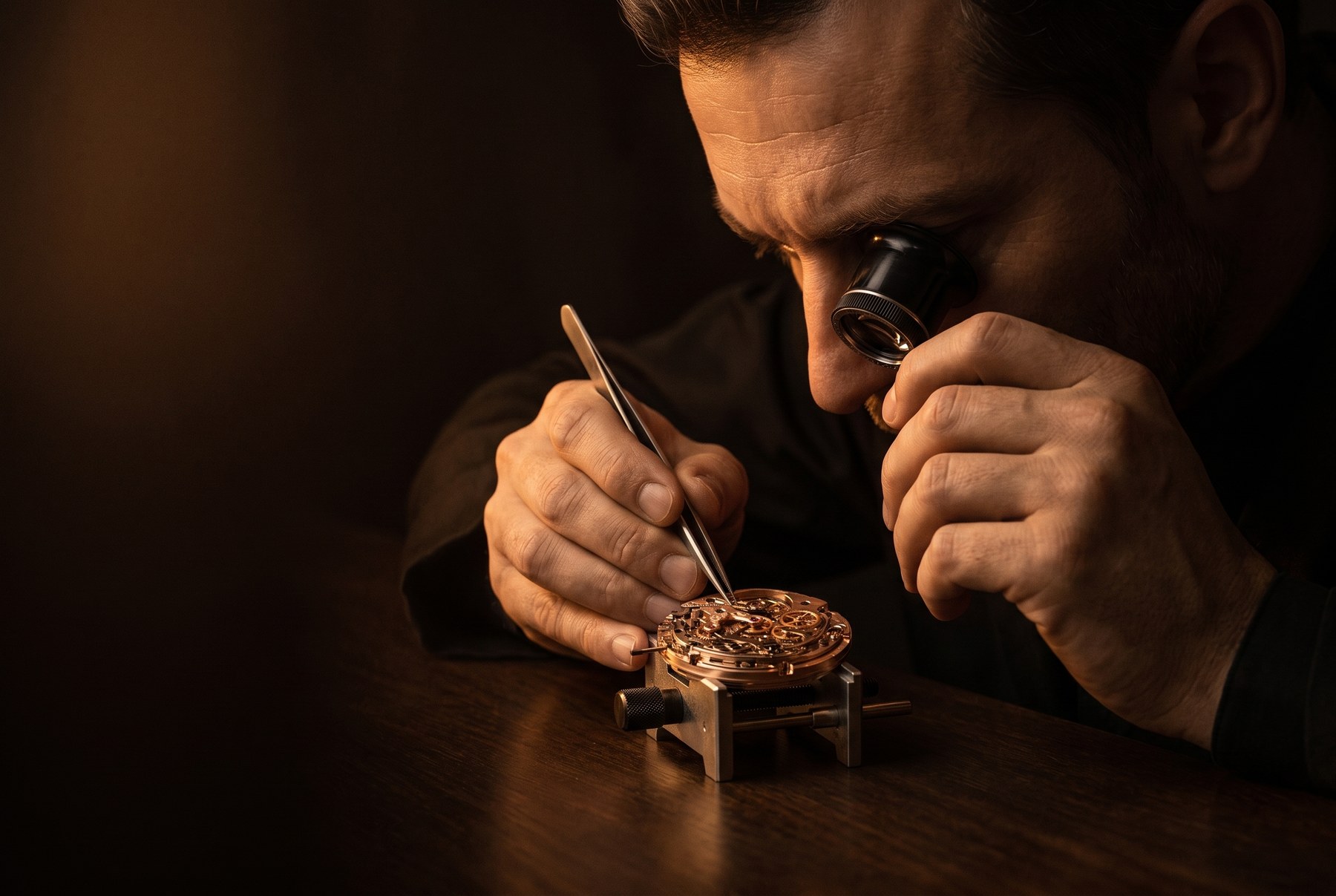 A master watchmaker at the bench with a loupe, hand-finishing a movement component